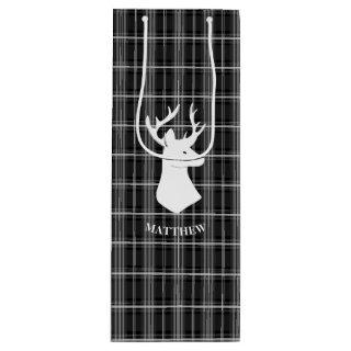 Stag Head on Black and White Plaid Wine Gift Bag