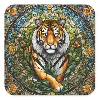 Stained Glass Tiger Illustration Square Sticker