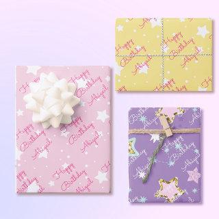 Star Happy Birthday with Girls Name Pink Yellow 3  Sheets