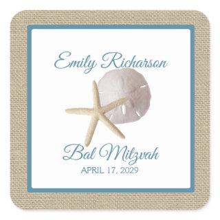 Starfish and Sand Dollar Burlap Beach Bat Mitzvah Square Sticker