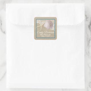 Starfish and Sand Dollar Burlap Beach Bat Mitzvah Square Sticker