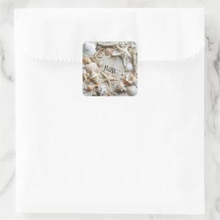 Starfish Pearls Seashells Driftwood Beach Square Sticker