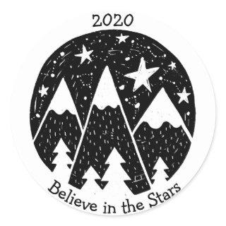 Stars & Constellations Snowy Mountains Pine B/W Classic Round Sticker