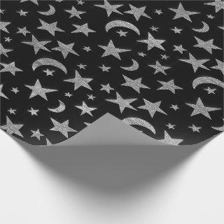 Stars Moon Black Sky Black Silver Gray Grey