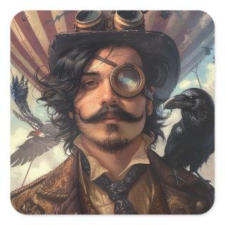 Steampunk Airship Victorian Industrial Raven Square Sticker