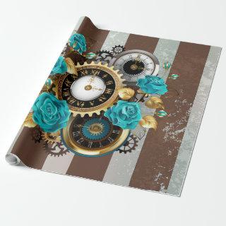 Steampunk Clock and Turquoise Roses on Striped