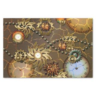 Steampunk golden design with clocks and giers tissue paper