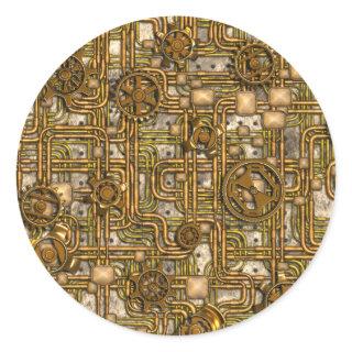 Steampunk Panel - Gears and Pipes - Brass Classic Round Sticker