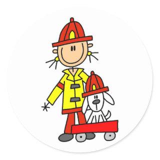 Stick Figure Firefighter with Dalmation Classic Round Sticker