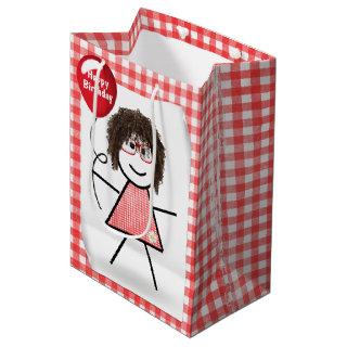 Stick Figure Girl with Red Birthday Balloon  Medium Gift Bag