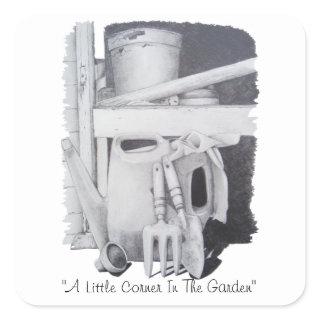 still life drawing of garden tools for gardeners square sticker