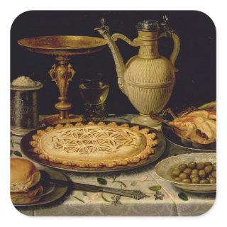 Still life with a tart,chicken, bread and olives square sticker