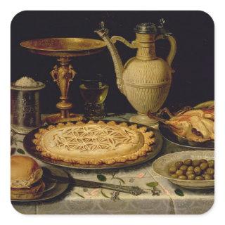 Still life with a tart,chicken, bread and olives square sticker