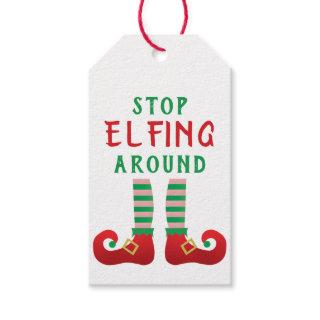 Stop Elfing Around Funny Christmas Saying Green Gift Tags