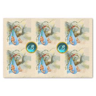 STORK BABY BOY SHOWER BLUE GEM STONE MONOGRAM TISSUE PAPER