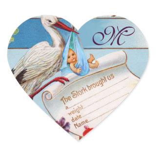 STORK BABY BOY SHOWER HEART MONOGRAM HEART STICKER