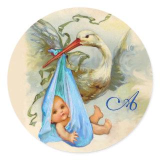 STORK BABY BOY SHOWER  MONOGRAM , CLASSIC ROUND STICKER