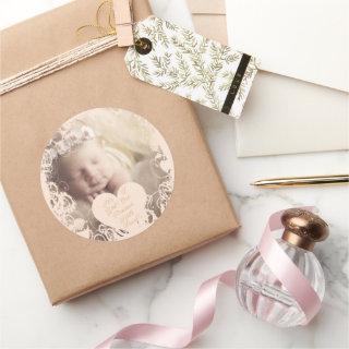 Stork Baby Girl with your baby photo Classic Round Sticker