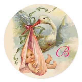 STORK BABY SHOWER  MONOGRAM , CLASSIC ROUND STICKER