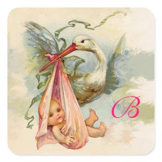 STORK BABY SHOWER  MONOGRAM , SQUARE STICKER