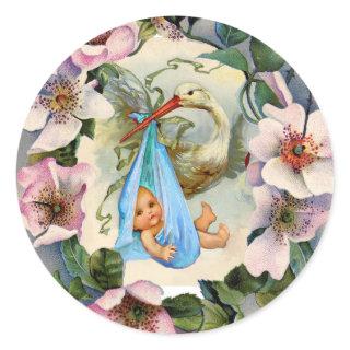 STORK BOY BABY SHOWER CROWN WITH PINK WILD ROSES CLASSIC ROUND STICKER