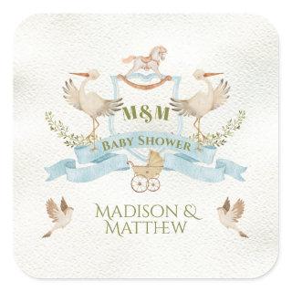 Stork Crest Watercolor Baby Boy Shower Square Sticker