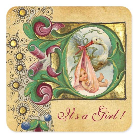 STORK GIRL BABY SHOWER FLORAL PARCHMENT MONOGRAM SQUARE STICKER