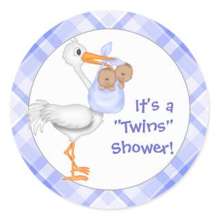 Stork & Twin Boys (dark skin) Baby Shower Classic Round Sticker