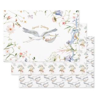 Stork Wildflower Ribbon Baby Shower  Sheets