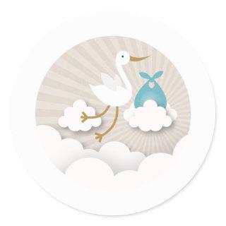 Stork with Blue Bundle Boy Baby Shower Classic Round Sticker