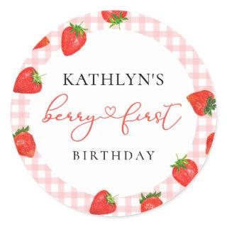 Strawberry Pink Berry First Plaid Gingham Birthday Classic Round Sticker