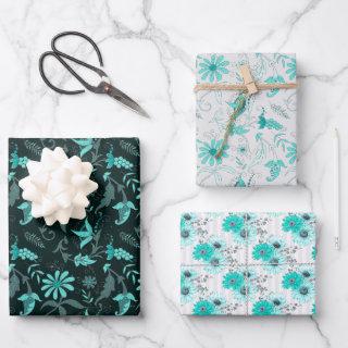 Striking Teal Blue Grey White Floral - Set of 3  Sheets