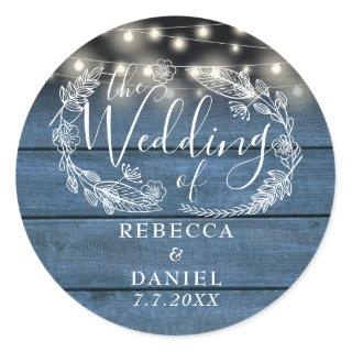String Lights Floral Rustic Blue Wood Wedding Classic Round Sticker
