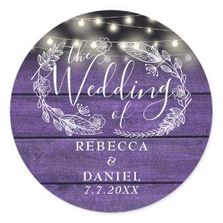 String Lights Floral Rustic Purple Wood Wedding Classic Round Sticker