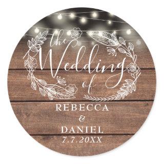 String Lights Floral Rustic Wood Wedding Classic Round Sticker
