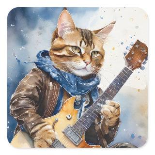 Striped Tabby Cat Rock Star Playing Guitar Blue Square Sticker