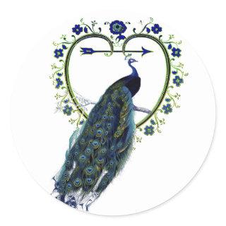 Stunning Peacock and ornate heart flower frame Classic Round Sticker