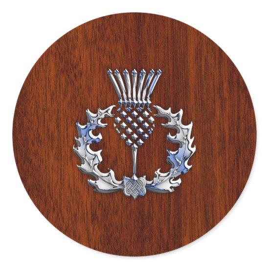 Stylish Chrome and Mahogany Wood Scottish Thistle Classic Round Sticker