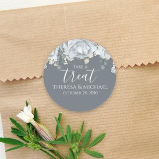 Stylish Dusty Blue Floral Take A Treat Calligraphy Classic Round Sticker