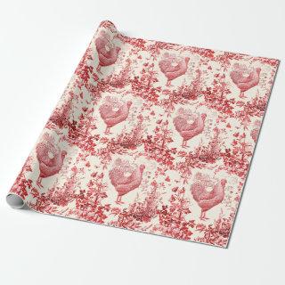 Stylish Elegant Vintage Rooster Red Floral Toile