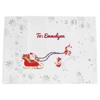 Stylish Girly Unicorn Santa Snowflakes Name Xmas Large Gift Bag