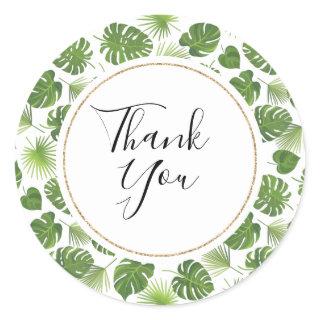 Stylish Green Tropical Leaves Pattern Thank You Classic Round Sticker