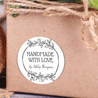 Stylish Greenery Handmade With Love Name Classic Round Sticker