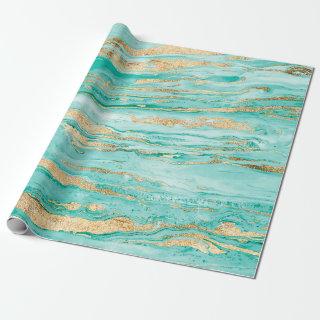 Stylish Mint Gold Abstract Marble Liquid Paint