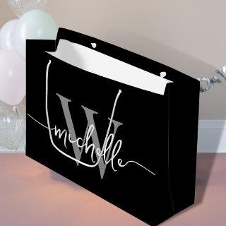 Stylish Modern Black Gray Monogram Initial Script Large Gift Bag
