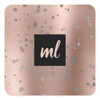 Stylish modern rose gold silver confetti dots square sticker