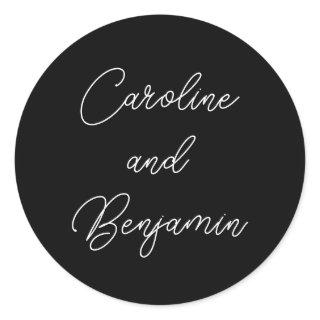 Stylish Modern Script Wedding Names Black Classic Round Sticker