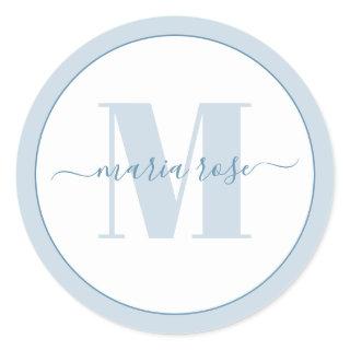 Stylish Monogram Blue Simple Minimalist Custom Classic Round Sticker