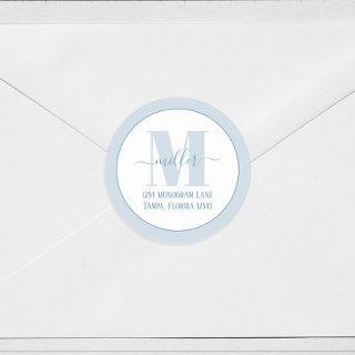 Stylish Monogram Blue Simple Return Address  Classic Round Sticker