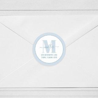 Stylish Monogram Blue Simple Return Address Classic Round Sticker